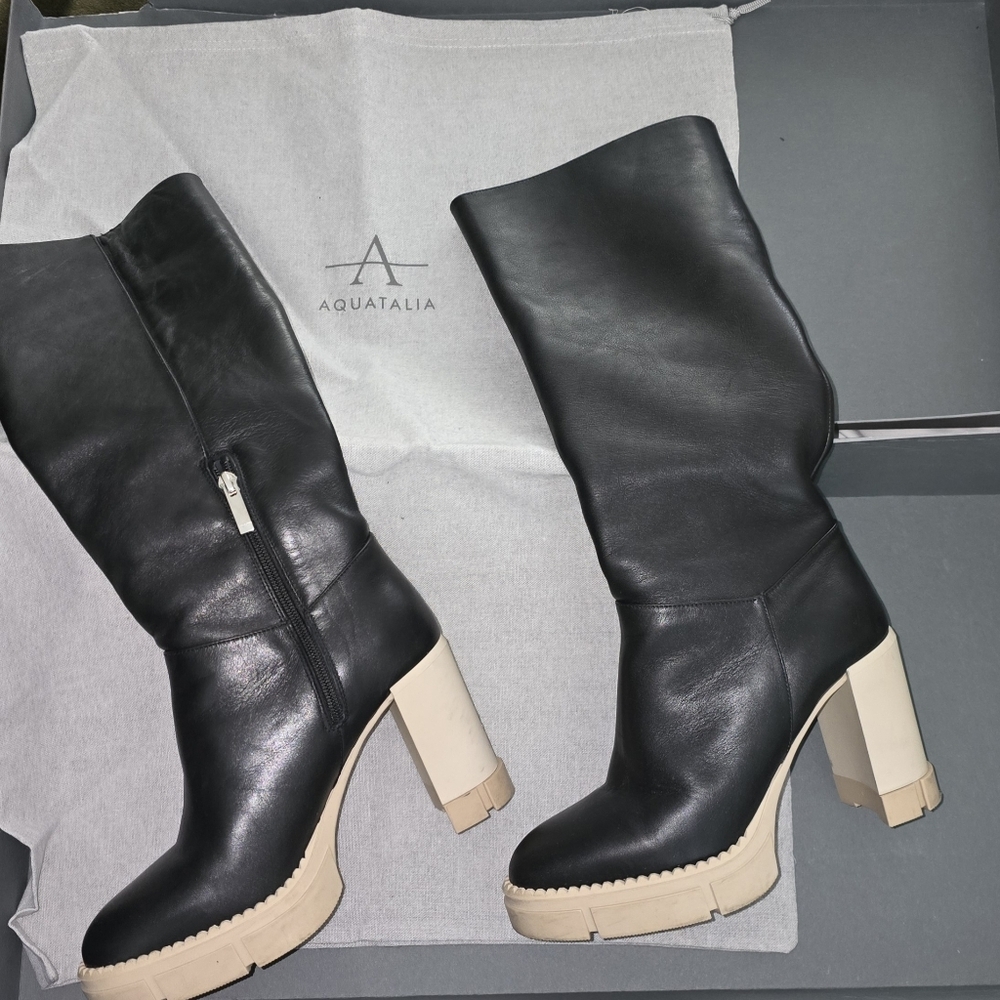 Aquatalia Indi Weatherproof Knee High Boots Black Leather Italy Women's Size 9 - Picture 6 of 10